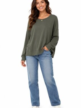 (A6) Nordstrom FOUND Los Angeles Olive Green Oversized Long Sleeve Shirt, Size L